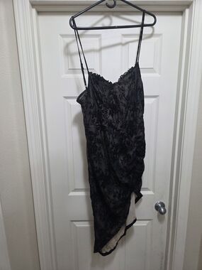 Black Floral Slip Dress with Lace Trim